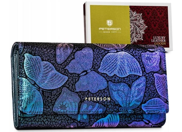 Portfel skórzany Peterson PTN 42122-ONBF niebieski. Niebieskie portfele damskie Peterson, z aplikacjami, ze skóry. Za 115.99 zł.