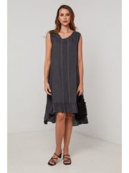 Lin Passion Lniana sukienka w kolorze granatowym rozmiar: 38/40. Niebieskie sukienki damskie Lin Passion, bez wzorów, ze lnu, klasyczne, bez kołnierzyka, bez ramiączek, midi. Za 152.99 zł.