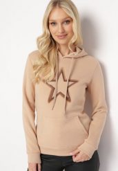 Beżowa Bluza Ocieplana z Nadrukiem Grolla. Brązowe bluzy z kapturem damskie Born2be, xl, z polaru. Za 84.99 zł.