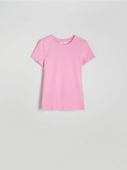 Bawełniany t-shirt slim fit - pastelowy róż. Czerwone t-shirty damskie Reserved, l, bez wzorów, z bawełny, bez kołnierzyka. W wyprzedaży za 19.99 zł.