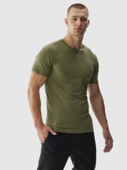4F Koszulka treningowa bezszwowa męska - khaki S/M. Brązowe t-shirty sportowe męskie 4f, m, z dzianiny, bez ramiączek, na fitness i siłownię. W wyprzedaży za 59.99 zł.