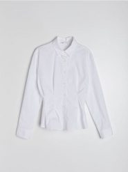 Bawełniana koszula slim fit - biały. Białe koszule damskie Sinsay, l, bez wzorów, z bawełny, bez kołnierzyka, bez ramiączek. Za 49.99 zł.