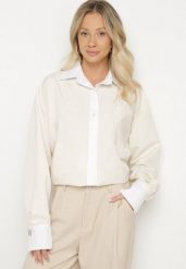 Beżowa Koszula Oversize z Wiskozy z Kieszenią i Aplikacjami przy Mankietach Lisavielis. Brązowe koszule damskie Born2be, uniwersalny, z aplikacjami, z jeansu, eleganckie, bez kołnierzyka, bez ramiączek. Za 99.99 zł.
