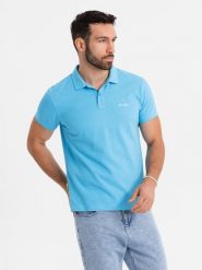 Koszulka polo z bawełnianej dzianiny pique – jasnoniebieska V3 OM-POSS-0103 - XXL. Niebieskie koszulki polo męskie Ombre Clothing, l, bez wzorów, z bawełny, bez ramiączek. W wyprzedaży za 79.99 zł.