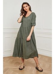 Plume Lniana sukienka "Depay" w kolorze khaki rozmiar: M. Brązowe sukienki damskie Plume, m, bez wzorów, ze lnu, bez kołnierzyka, bez ramiączek, midi. Za 230.00 zł.
