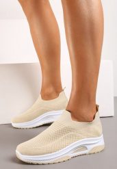 Beżowe Casualowe Buty Sportowe na Grubszej Podeszwie Ozdobione Perforacją Fiovena. Brązowe buty sportowe na co dzień damskie Renee, bez wzorów, z jeansu. Za 39.99 zł.