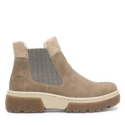 Botki Rieker. Brązowe botki damskie Rieker, bez obcasa, na płaskiej podeszwie, bez zapięcia. Za 279.00 zł.