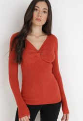 Pomarańczowy Sweter Ampippe. Brązowe swetry klasyczne damskie Born2be, z dzianiny, bez kołnierzyka. Za 39.99 zł.