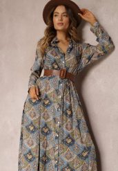 Niebiesko-Zielona Sukienka Koszulowa we Wzór Paisley Zeli. Niebieskie sukienki damskie Renee, na co dzień, l, bez wzorów, eleganckie, bez kołnierzyka, bez ramiączek, maxi, koszulowe. W wyprzedaży za 90.99 zł.