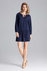 Luźna Granatowa Sukienka z Gumką na Biodrach. Czerwone sukienki damskie Figl, l, bez wzorów, z elastanu, wizytowe, bez kołnierzyka, bez ramiączek. Za 269.00 zł.