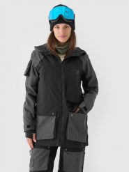 4F Kurtka snowboardowa membrana 10000 damska - czarna S. Czarne kurtki damskie 4f, m, bez wzorów, z dzianiny, z kapturem, narciarskie. W wyprzedaży za 399.99 zł.