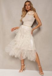 Beżowa Rozkloszowana Spódnica z Ozdobnym Tiulem Amolas. Brązowe spódniczki damskie Renee, na lato, bez wzorów, z materiału, midi, rozkloszowane. Za 54.99 zł.