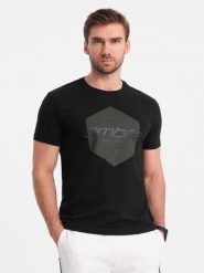 Męski t-shirt bawełniany z nadrukiem geometrycznym i logotypem - czarny V2. Czarne t-shirty męskie Ombre Clothing, l, bez wzorów, z bawełny, bez kołnierzyka. W wyprzedaży za 19.99 zł.