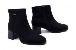 RIEKER REMONTE TEX D0V77-00 black, botki damskie. Czarne botki damskie Rieker Remonte, na zimę, bez obcasa, na obcasie, bez zapięcia. Za 389.90 zł.