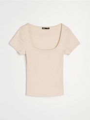 Prążkowana koszulka z krótkim rękawem - beżowy. Brązowe t-shirty damskie Sinsay, l, bez wzorów, prążkowane, bez kołnierzyka. Za 19.99 zł.