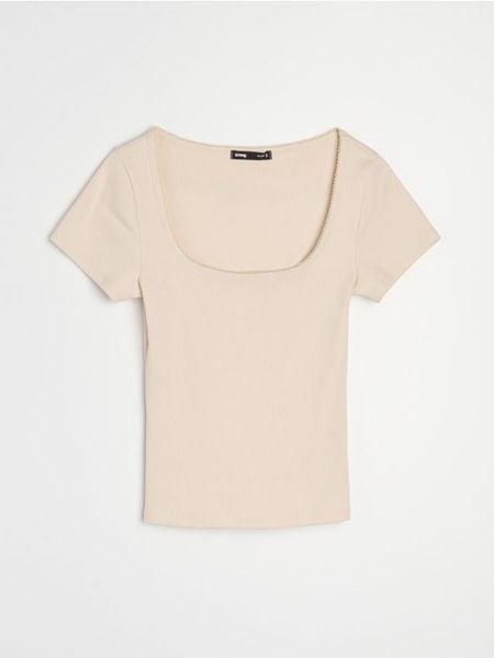 Prążkowana koszulka z krótkim rękawem - beżowy. Brązowe t-shirty damskie Sinsay, l, bez wzorów, prążkowane, bez kołnierzyka. Za 19.99 zł.