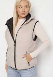 Jasnobeżowa Dwustronna Kamizelka z Kapturem Zdobiona Pikowanymi Przeszyciami Tuliona. Brązowe kamizelki damskie Born2be, plus size, z jeansu. Za 119.99 zł.
