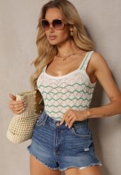 Beżowo-Zielony Ażurowy Top z Dzianiny Rimalia. Brązowe topy damskie Renee, m, w ażurowe wzory, z dzianiny, bez kołnierzyka. Za 49.99 zł.