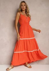 Pomarańczowa Sukienka Zapinana na Guziki na Ramiączkach z Gumką w Talii i Falbanką Tiamalia. Brązowe sukienki damskie Renee, na imprezę, l, bez wzorów, eleganckie, bez kołnierzyka, bez ramiączek, maxi. W wyprzedaży za 38.49 zł.