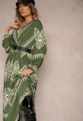 Zielona Wzorzysta Sukienka z Wiskozą o Kopertowym Kroju z Paskiem i Gumką w Talii Sagilaine. Zielone sukienki damskie Renee, na co dzień, m, bez wzorów, z wiskozy, eleganckie, bez kołnierzyka, bez ramiączek, maxi, kopertowe. W wyprzedaży za 76.99 zł.