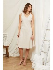 Rodier Lin Lniana sukienka w kolorze beżowym rozmiar: L/XL. Brązowe sukienki damskie Rodier Lin, l, bez wzorów, ze lnu, bez kołnierzyka, bez ramiączek, midi. Za 148.26 zł.