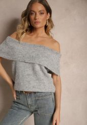 Jasnoszary Sweter Top z Hiszpańskim Wywijanym Dekoltem z Wełną Inarose. Szare swetry klasyczne damskie Renee, m, z wełny, bez kołnierzyka. Za 99.99 zł.