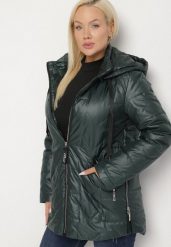 Ciemnozielona Pikowana Kurtka Ozdobiona Pikowaniem z Odpinanym Kapturem Falerosa. Zielone kurtki damskie Born2be, l, bez wzorów, z jeansu. Za 159.99 zł.