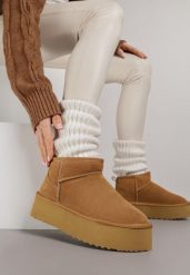 Jasnobrązowe Wsuwane Śniegowce na Platformie z Cholewką z Zamszu Naturalnego Mevelessa. Brązowe śniegowce damskie Born2be, z dzianiny. Za 169.99 zł.