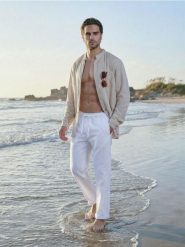 Koszula z domieszką lnu - beżowy. Brązowe koszule męskie Sinsay, l, bez wzorów, bez kołnierzyka, bez ramiączek. Za 69.99 zł.