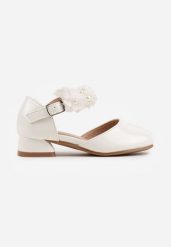Białe Lakierowane Sandały na Niskim Obcasie z Kwiatkami i Perełkami Denagia. Białe sukienki niemowlęce Born2be, na lato, z aplikacjami, z lakierowanej skóry, bez ramiączek. Za 89.99 zł.