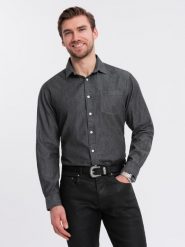 Męska jeansowa koszula z haftowaną kieszonką – czarna V2 OM-SHDS-0181 - XXL. Czarne koszule męskie Ombre Clothing, l, z aplikacjami, z denimu, bez kołnierzyka, bez ramiączek. Za 125.99 zł.