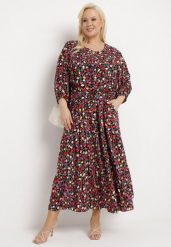 Czarno-Czerwona Wiskozowa Sukienka z Rękawami 3/4 w Kwiecisty Print Trestella. Czarne sukienki damskie Born2be, xl, bez wzorów, z materiału, bez kołnierzyka, bez ramiączek, maxi. W wyprzedaży za 87.99 zł.