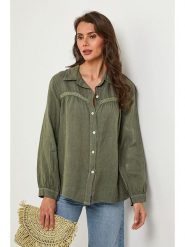 Lin Passion Lniana koszula w kolorze khaki rozmiar: 36/38. Brązowe koszule damskie Lin Passion, z aplikacjami, ze lnu, klasyczne, bez kołnierzyka, bez ramiączek. Za 176.08 zł.