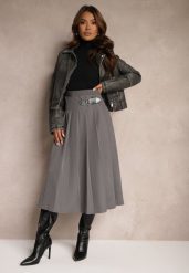 Szara Plisowana Spódnica o Rozkloszowanym Kroju w Stylu Preppy z Paskiem Setina. Szare spódniczki damskie Renee, l, bez wzorów, biznesowe, midi, dopasowane. Za 159.99 zł.