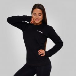 Bluza damska fitness regular fit czarna Basic. Czarne bluzy sportowe damskie GYMBEAM, xl, bez wzorów, z bawełny, bez ramiączek, długie, bez kaptura. Za 83.90 zł.