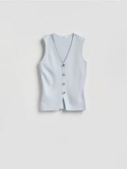 Dzianinowa kamizelka z wiskozą - jasnoniebieski. Niebieskie kamizelki damskie Reserved, l, z dzianiny. Za 99.99 zł.