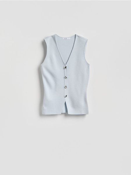 Dzianinowa kamizelka z wiskozą - jasnoniebieski. Niebieskie kamizelki damskie Reserved, l, z dzianiny. Za 99.99 zł.