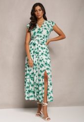 Zielona Rozkloszowana Sukienka Maxi w Kwiatowy Print z Gumką w Pasie Javiky. Zielone sukienki damskie Renee, na imprezę, l, bez wzorów, z materiału, bez kołnierzyka, bez ramiączek, maxi, kopertowe. W wyprzedaży za 76.99 zł.