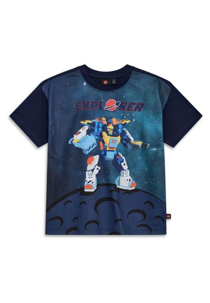 Koszulka dziecięca LEGO Space Taffy 100, granatowa z kosmicznym nadrukiem. Niebieskie koszulki dziewczęce LEGO, uniwersalny, bez wzorów, z bawełny, bez ramiączek. Za 49.49 zł.