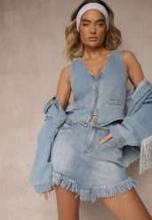 Niebieskie Spódnico-Szorty Jeansowe Zdobione Przetarciem Galirela. Niebieskie szorty damskie Renee, z aplikacjami, z jeansu, eleganckie, z podwyższonym stanem. Za 64.99 zł.