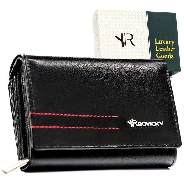 Elegancki, czarny portfel damski wykonany ze skóry naturalnej - Rovicky. Czarne portfele damskie ROVICKY, bez wzorów, ze skóry. Za 78.01 zł.