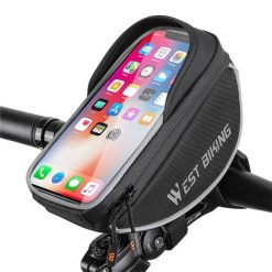 Torba na ramę rowerową z ekranem dotykowym. Czarne torebki klasyczne damskie WEST BIKING, bez wzorów, z materiału, bez dodatków. Za 79.60 zł.