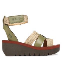 Sandały Fly London. Zielone sandały damskie Fly London, bez wzorów, bez obcasa, na koturnie. Za 463.99 zł.