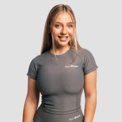 Top damski fitness slim z krótkim rękawem Core Carbon. Topy sportowe damskie GYMBEAM, s, bez wzorów, z bawełny, bez ramiączek. Za 63.90 zł.