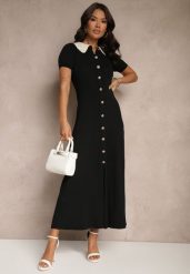 Czarna Wiskozowa Sukienka Rozkloszowana Retro z Guzikami i Kołnierzem Ardival. Czarne sukienki damskie Renee, na co dzień, z aplikacjami, z materiału, eleganckie, bez kołnierzyka, bez ramiączek, maxi, proste. W wyprzedaży za 132.99 zł.