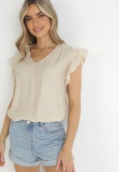 Beżowa Bluzka z Falbankami i Złotą Nitką Gracelly. Brązowe bluzki damskie Born2be, xl, bez wzorów, bez kołnierzyka, bez ramiączek. Za 39.99 zł.