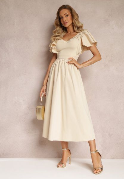 Beżowa Taliowana Sukienka Maxi z Falbanami Giftis. Brązowe sukienki damskie Renee, na imprezę, l, z aplikacjami, bez kołnierzyka, bez ramiączek, maxi. Za 109.99 zł.
