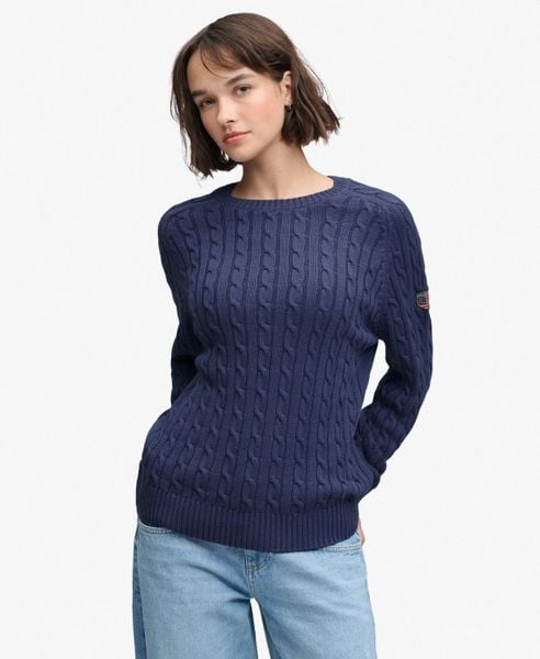 Superdry Luźny sweter w warkocze z bawełny organicznej – SOFT NAVY. Niebieskie swetry klasyczne damskie Superdry., bez wzorów, z bawełny, bez kołnierzyka. Za 322.25 zł.