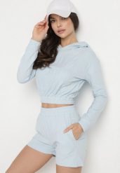 Jasnoniebieski Bawełniany Komplet Sportowy Bluza z Kapturem i Szorty Izilia. Niebieskie bluzy sportowe damskie Born2be, bez wzorów, z bawełny, sportowe. Za 99.99 zł.