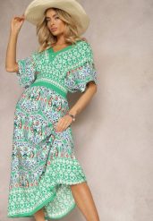 Zielona Wiskozowa Sukienka Boho z Gumką w Pasie i Trójkątnym Dekoltem Casalina. Zielone sukienki damskie Renee, na co dzień, l, bez wzorów, z wiskozy, boho, bez kołnierzyka, bez ramiączek, maxi. W wyprzedaży za 83.99 zł.